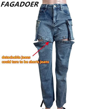 FAGADOER Blue Fashion Hollow Out ίσιο τζιν παντελόνι Γυναικείο παντελόνι με ψηλόμεσο κουμπιά αφαιρούμενο Jean παντελόνι Casual Cowboy Bottoms