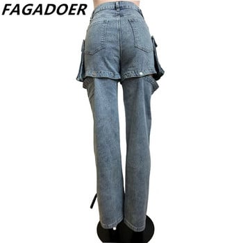 FAGADOER Blue Fashion Hollow Out ίσιο τζιν παντελόνι Γυναικείο παντελόνι με ψηλόμεσο κουμπιά αφαιρούμενο Jean παντελόνι Casual Cowboy Bottoms