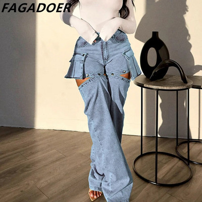 FAGADOER sinine mood õõnsad sirged teksapüksid naiste kõrge vöökohaga nööbiga eemaldatavad teksapüksid vabaaja kauboipüksid