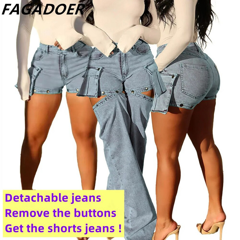 FAGADOER Plave modne izdubljene ravne traper hlače Ženske traper hlače s dugmadima visokog struka, ležerne kaubojske hlače