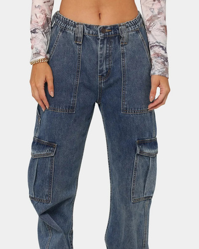 Széles szárú farmer nadrág Utcai ruházat Munkaruha Multi-Bag Farmer Trend Magas derekú Cargo Farmer Női Elasztikus derék Bő Farmer nadrágok