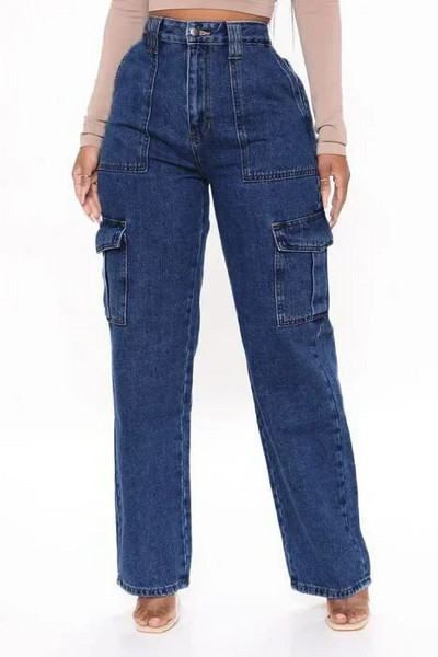 Széles szárú farmer nadrág Utcai ruházat Munkaruha Multi-Bag Farmer Trend Magas derekú Cargo Farmer Női Elasztikus derék Bő Farmer nadrágok