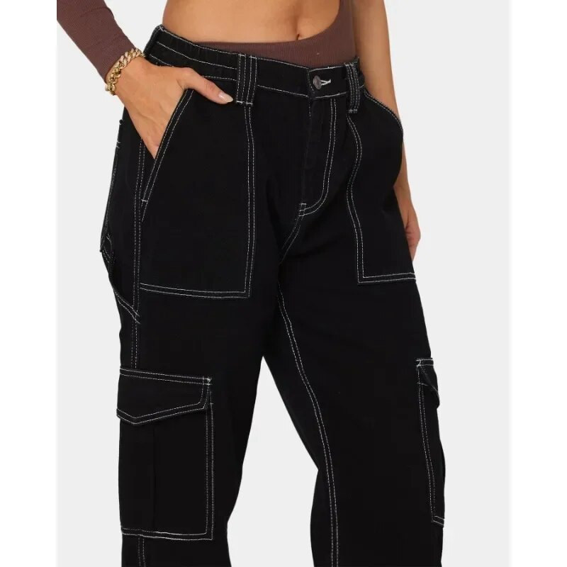 Széles szárú farmer nadrág Utcai ruházat Munkaruha Multi-Bag Farmer Trend Magas derekú Cargo Farmer Női Elasztikus derék Bő Farmer nadrágok