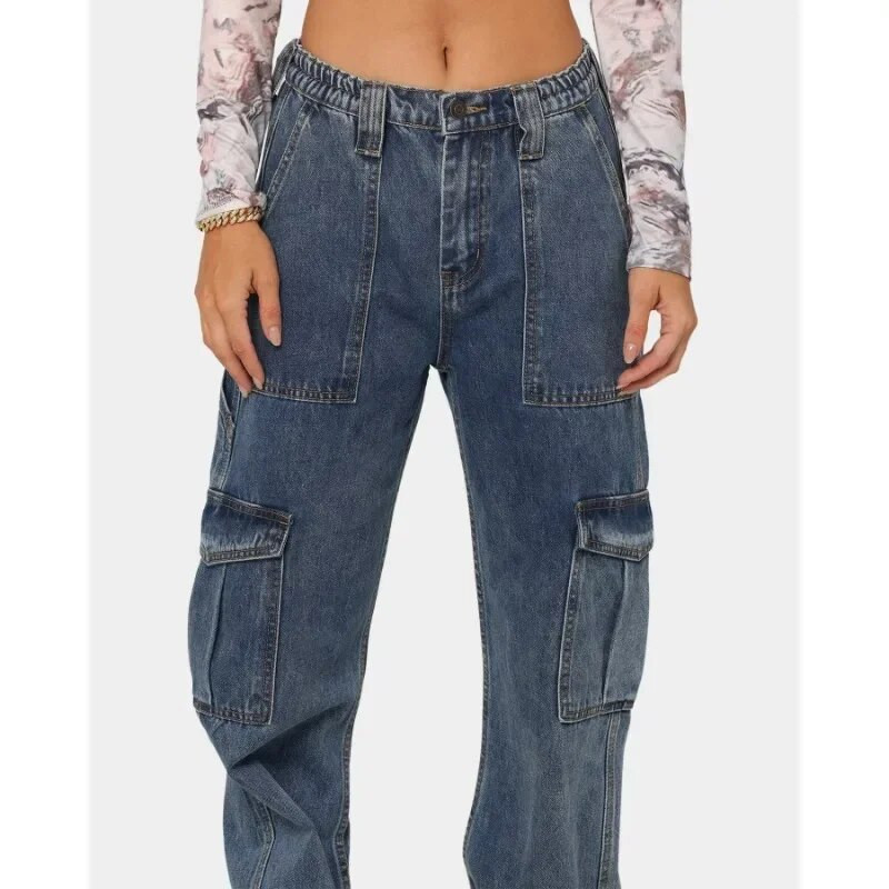 Széles szárú farmer nadrág Utcai ruházat Munkaruha Multi-Bag Farmer Trend Magas derekú Cargo Farmer Női Elasztikus derék Bő Farmer nadrágok
