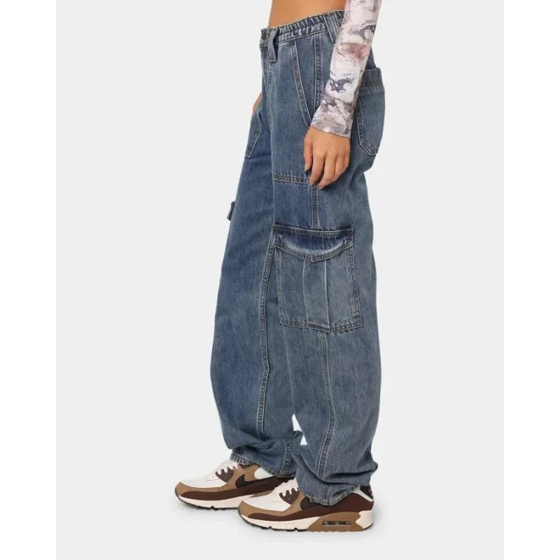 Széles szárú farmer nadrág Utcai ruházat Munkaruha Multi-Bag Farmer Trend Magas derekú Cargo Farmer Női Elasztikus derék Bő Farmer nadrágok
