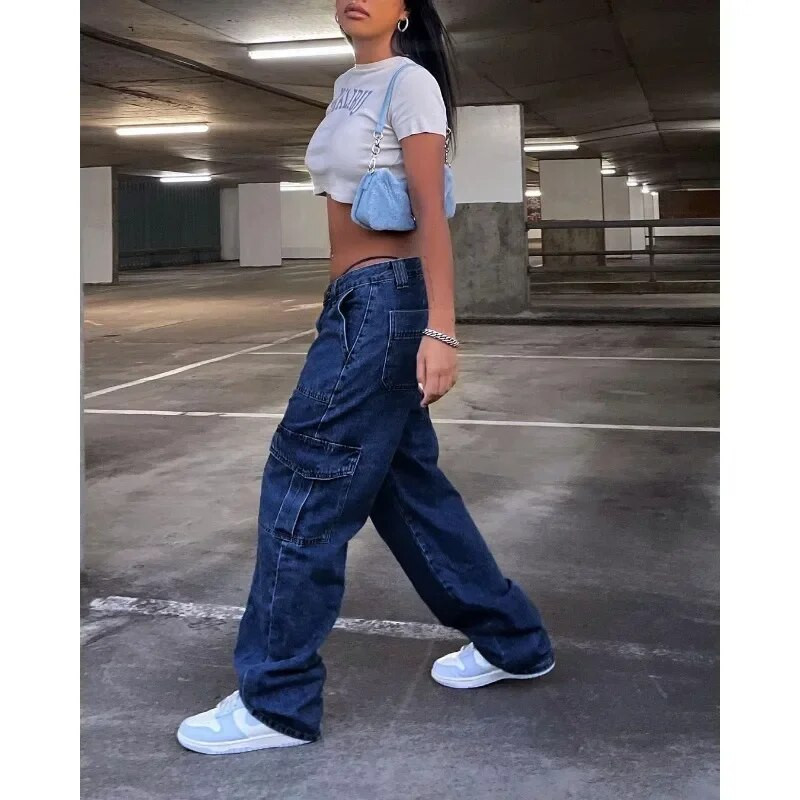 Széles szárú farmer nadrág Utcai ruházat Munkaruha Multi-Bag Farmer Trend Magas derekú Cargo Farmer Női Elasztikus derék Bő Farmer nadrágok