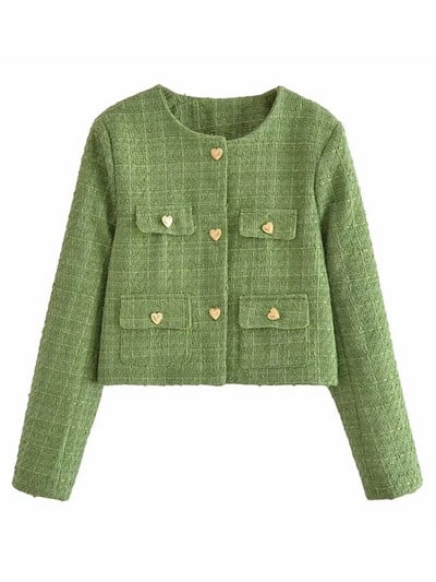 2023 m. Tangada Moterų storas šiltas tvido kostiumo paltas su širdelėmis sagos ilgomis rankovėmis moteriškas švarkas, viršutiniai drabužiai 6P64