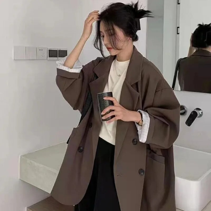 Oversize blézerek női hosszú ujjú fekete öltöny Utcai ruha koreai elegáns laza kabát tavaszi őszi kabát Kétsoros tweed új