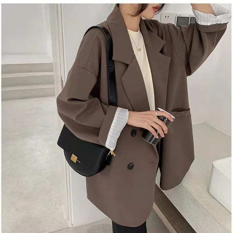 Oversize blézerek női hosszú ujjú fekete öltöny Utcai ruha koreai elegáns laza kabát tavaszi őszi kabát Kétsoros tweed új