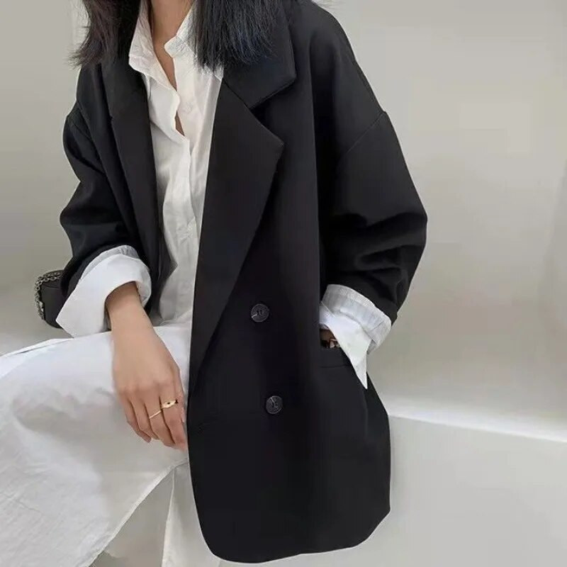 Oversize blézerek női hosszú ujjú fekete öltöny Utcai ruha koreai elegáns laza kabát tavaszi őszi kabát Kétsoros tweed új