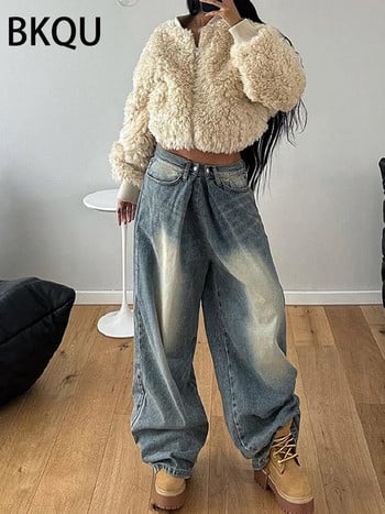 BKQU 2023 American Baggy Jeans Дамски панталони Harajuku с висока талия и широки крачоли Прави дънкови панталони Улична мода Универсални широки панталони