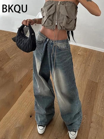 BKQU 2023 American Baggy Jeans Дамски панталони Harajuku с висока талия и широки крачоли Прави дънкови панталони Улична мода Универсални широки панталони