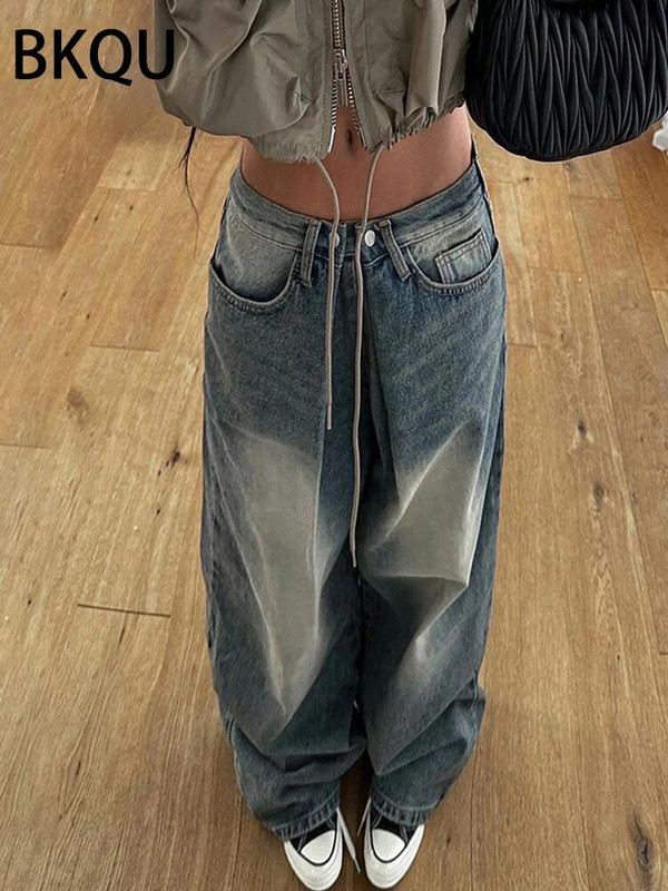 BKQU 2023 amerikai baggy farmer női harajuku magas derekú, széles szárú, egyenes farmernadrág utcai divatos, bő nadrág