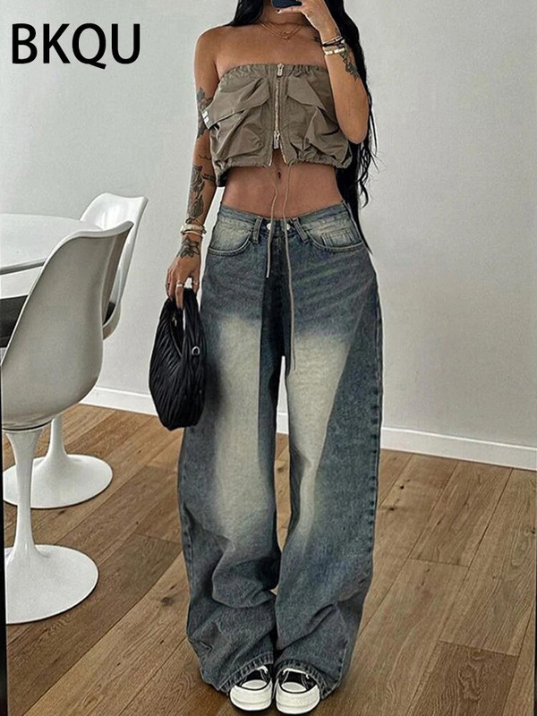 BKQU 2023 amerikai baggy farmer női harajuku magas derekú, széles szárú, egyenes farmernadrág utcai divatos, bő nadrág
