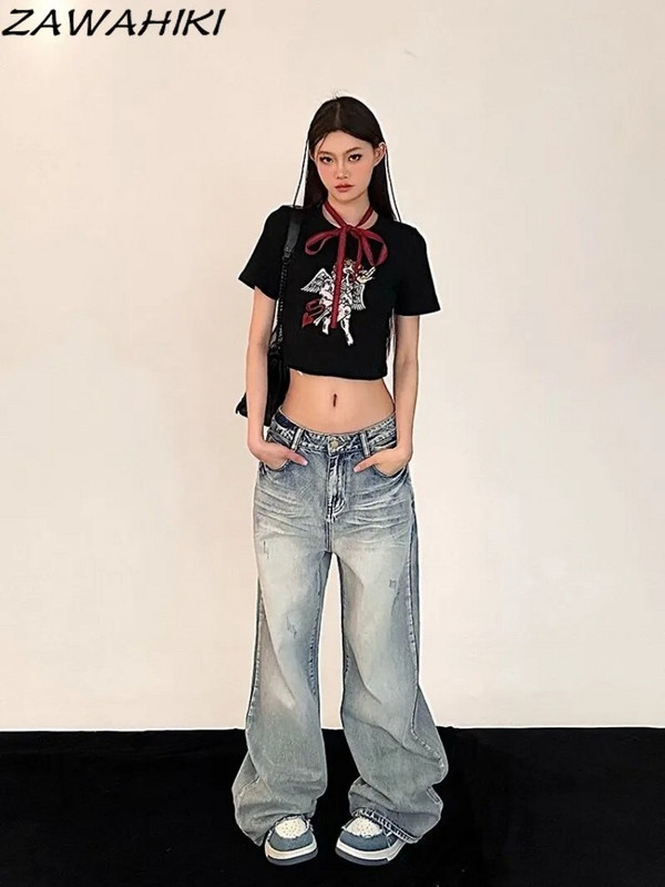 Baggy džinsai Moteriški amerikietiški Retro skalbti mėlyni pavasario rudens aukštu juosmeniu plačios kojos Laisvos tiesios mados vintažinės elegantiškos džinsinės kelnės