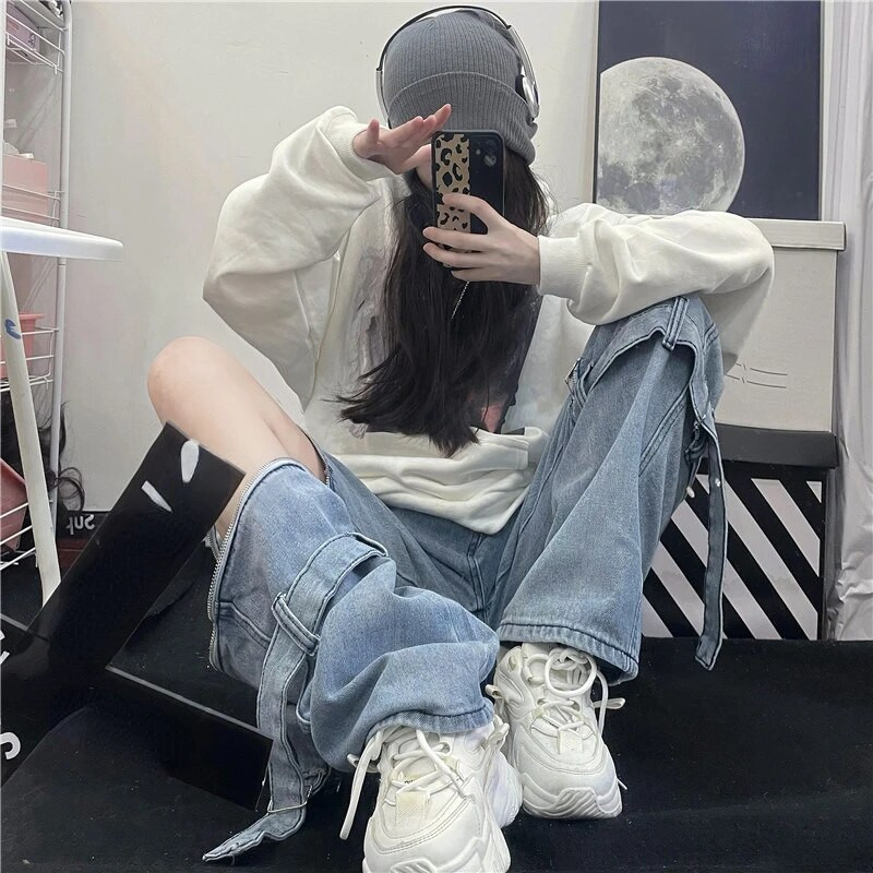 Farmer női tavaszi új Y2k 2000-es évek levehető Harajuku Vintage Pantalones De Mujer magas derekú, egyszínű design elegáns női nadrág