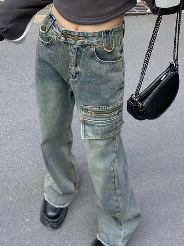 Amerikai magas derekú utcai nadrág farmer Női Y2k Cargo farmer Bő nadrág Cipzáras zseb Széles láb Vintage kék utcai viselet