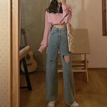 2022 Streetwear Дънки с дупки във формата на сърце за жени с висока талия mom jeans винтидж черни дънкови панталони Панталон с пълна дължина Harajuku