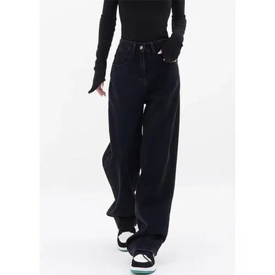 Fekete farmer Női magas derekú farmer 2023 teljes hosszúságú széles szárú farmer nadrág Utcai viselet Vintage túlméretezett bő egyenes nadrág