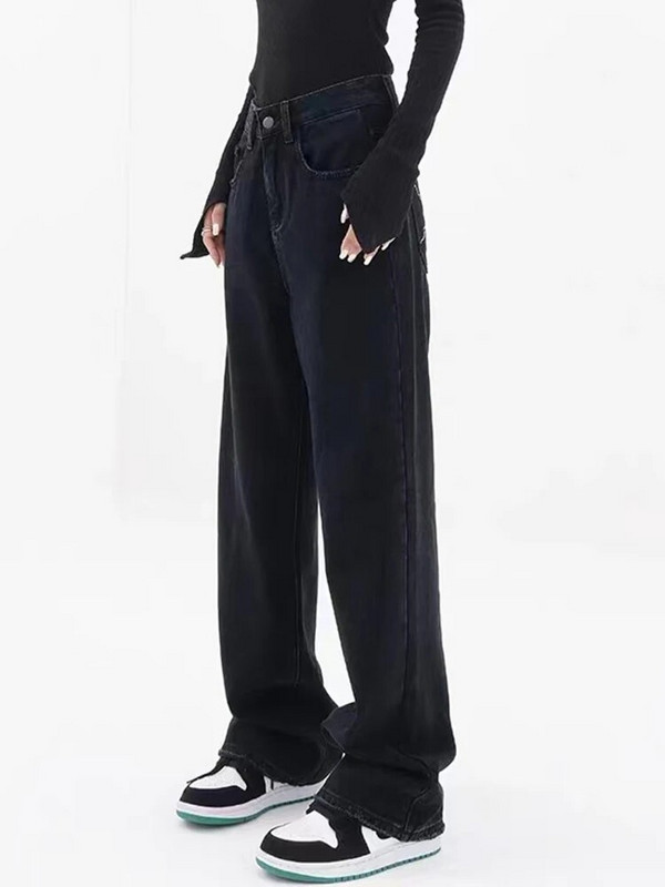 Fekete farmer Női magas derekú farmer 2023 teljes hosszúságú széles szárú farmer nadrág Utcai viselet Vintage túlméretezett bő egyenes nadrág