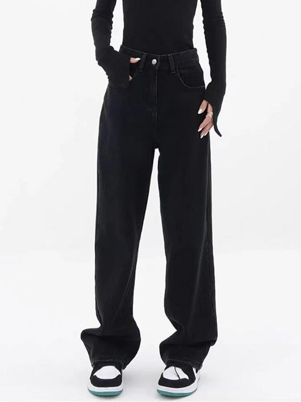 Fekete farmer Női magas derekú farmer 2023 teljes hosszúságú széles szárú farmer nadrág Utcai viselet Vintage túlméretezett bő egyenes nadrág