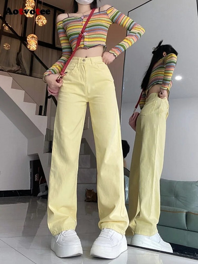 Aotvotee Blugi drepți în stil american pentru femei 2023 Pantaloni casual solidi din denim vintage Pantaloni lați cu talie înaltă la modă nouă