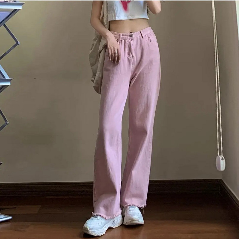 Rózsaszín farmer teljes hosszúságú, alacsony PAMUT, egyenes gombos, alkalmi, Y2K lány farmernadrág koreai hölgy preppy stílusban