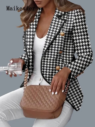 Ανοιξιάτικο και Φθινοπωρινό μακρυμάνικο διπλό σακάκι μικρό κοστούμι Houndstooth Blazer Γυναικείο καρό σακάκι Γυναικείο παλτό