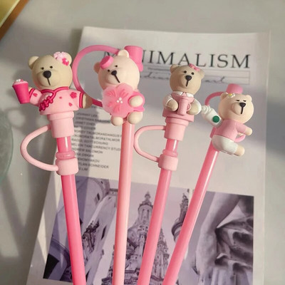 Mielas meškos šiaudinis dangtelis nuo dulkių silikono Kawaii vyšnių šiaudų antgalis, skirtas puodeliui, rožinis gėrimo žavesio dekoro dangtelis, skirtas 7–8 mm šiaudeliams