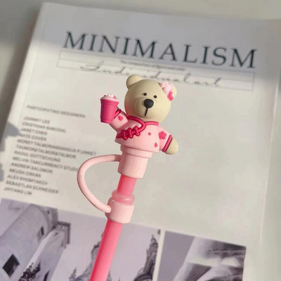 Aranyos medve szalmatakaró porvédő sapka szilikon Kawaii cseresznye szalmafedő pohárhoz rózsaszín ivóbáj dekortakaró 7-8 mm-es szívószálhoz