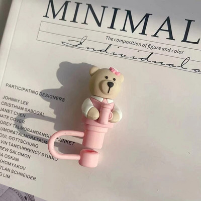 Aranyos medve szalmatakaró porvédő sapka szilikon Kawaii cseresznye szalmafedő pohárhoz rózsaszín ivóbáj dekortakaró 7-8 mm-es szívószálhoz