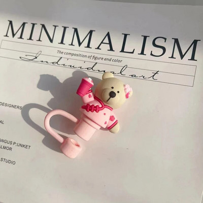 Aranyos medve szalmatakaró porvédő sapka szilikon Kawaii cseresznye szalmafedő pohárhoz rózsaszín ivóbáj dekortakaró 7-8 mm-es szívószálhoz