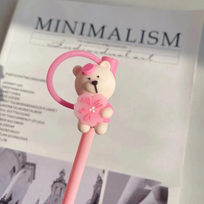 Aranyos medve szalmatakaró porvédő sapka szilikon Kawaii cseresznye szalmafedő pohárhoz rózsaszín ivóbáj dekortakaró 7-8 mm-es szívószálhoz