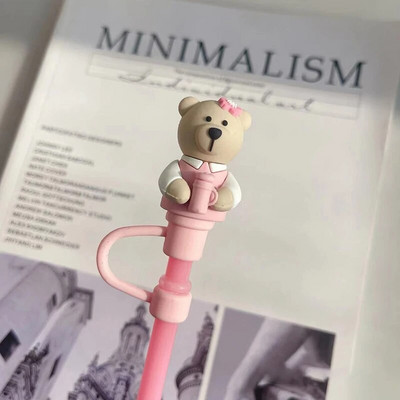 Aranyos medve szalmatakaró porvédő sapka szilikon Kawaii cseresznye szalmafedő pohárhoz rózsaszín ivóbáj dekortakaró 7-8 mm-es szívószálhoz