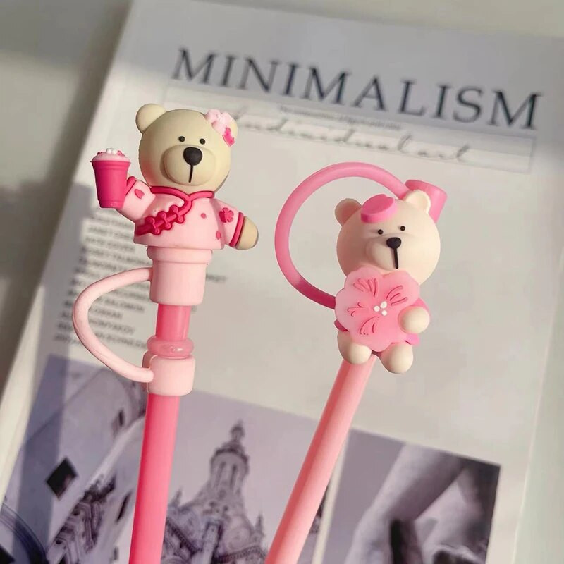 Aranyos medve szalmatakaró porvédő sapka szilikon Kawaii cseresznye szalmafedő pohárhoz rózsaszín ivóbáj dekortakaró 7-8 mm-es szívószálhoz