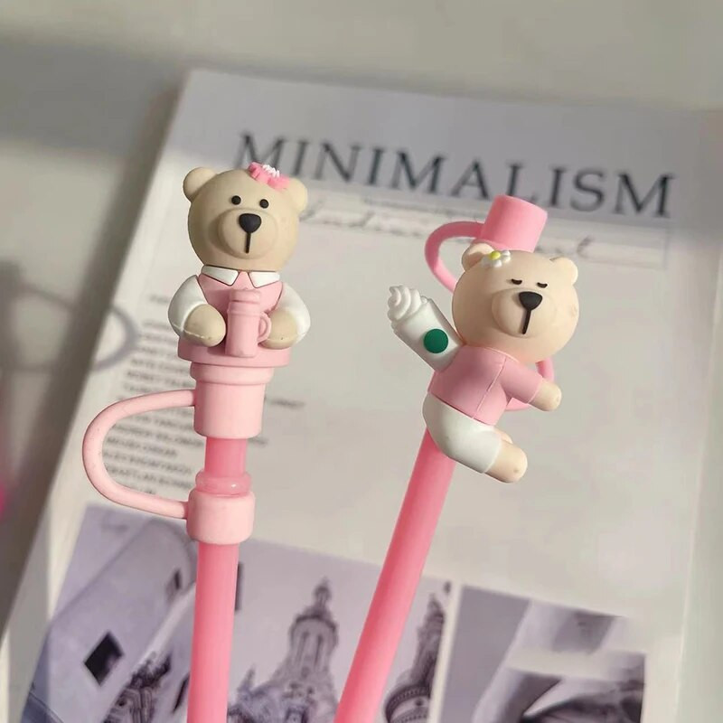 Aranyos medve szalmatakaró porvédő sapka szilikon Kawaii cseresznye szalmafedő pohárhoz rózsaszín ivóbáj dekortakaró 7-8 mm-es szívószálhoz