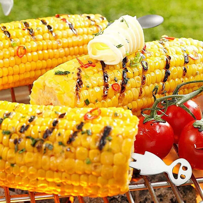 4/10 db Kreatív rozsdamentes acél kukoricavillás gyümölcsvilla mini villagyümölcs gyerekeknek snack torta desszert gyümölcs fogpiszkáló grilleszközök