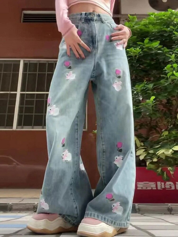 Traperice velikih veličina Visoki struk Crtani print American Vintage Streetwear Pantalones Mujer Y2k Raznolika ležerna široka odjeća 2024.