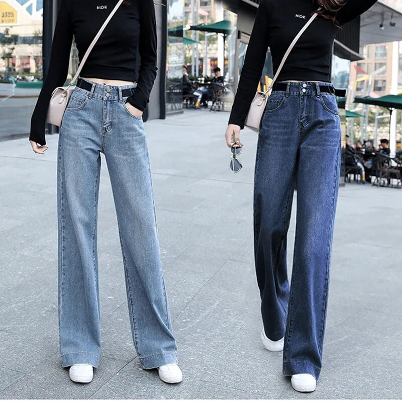 Női, magas derekú, széles szárú farmer nadrág, női egyenes nadrág, nagy méretű, tömör vintage stílusú, egyenes, tavaszi, őszi