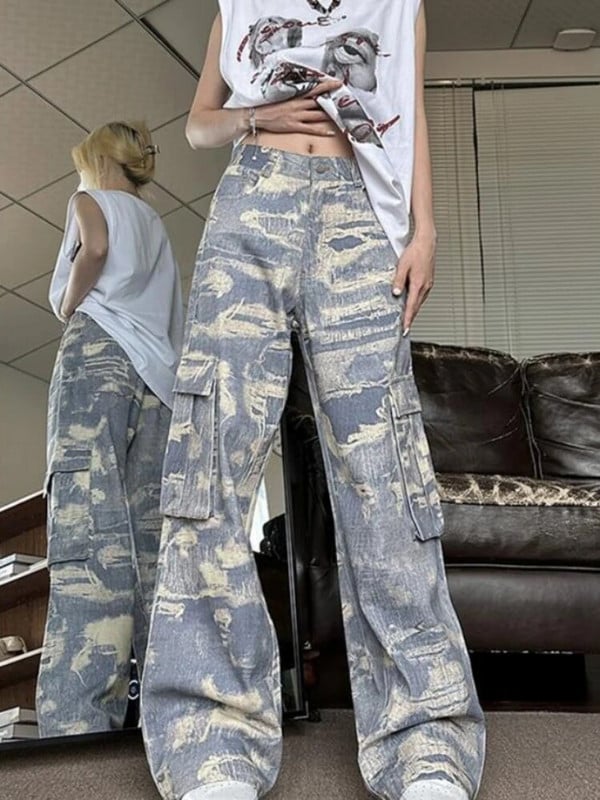 American Streetwear Farmer Nagy méretű terepszínű zsebek Magas derekú design Pantalones De Mujer divatos vintage női ruházat