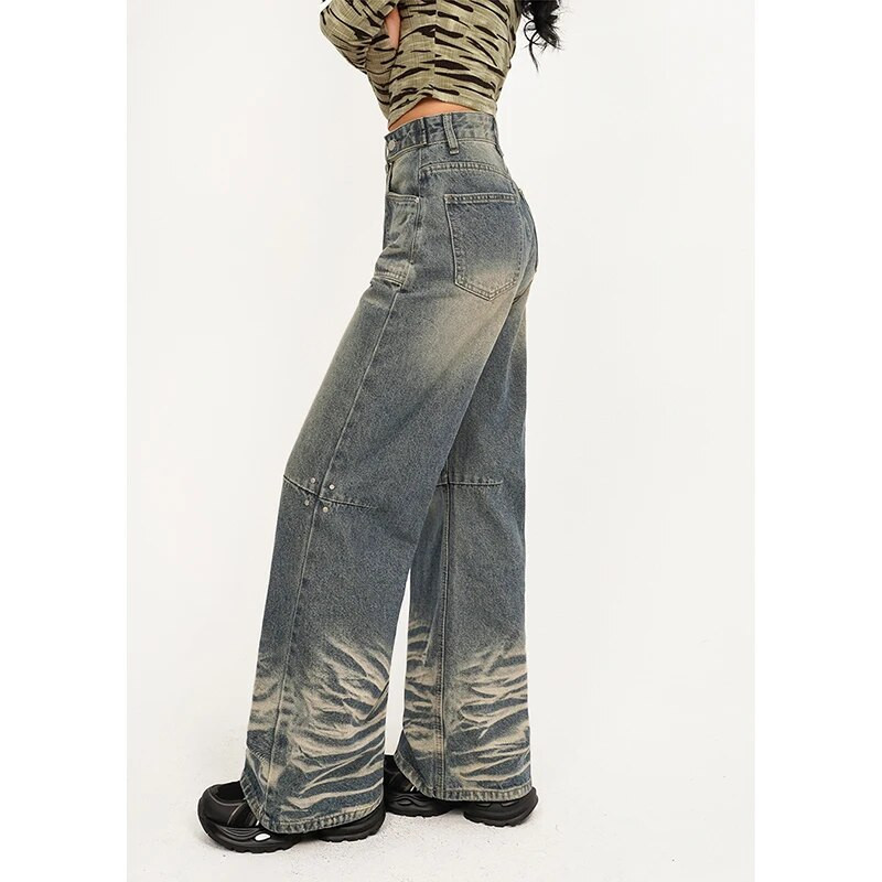 Vintage μπλε ψηλόμεσο γυναικείο τζιν Φθαρμένο αμερικανική μόδας φαρδύ πόδι Jean γυναικείο τζιν παντελόνι ίσιο φαρδύ τζιν παντελόνι