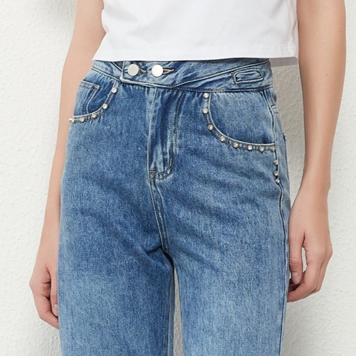 ZHISILAO Nove ravne traperice visokog struka Ženske vintage plave traper hlače s perlama širokih nogavica 2021. Hlače pune dužine