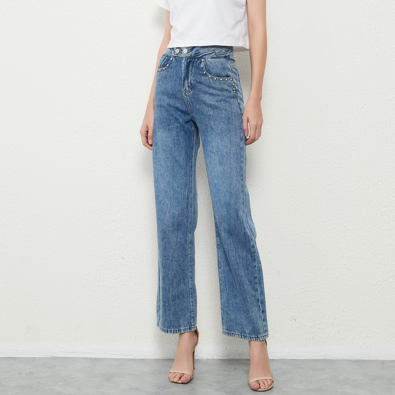 ZHISILAO Nove ravne traperice visokog struka Ženske vintage plave traper hlače s perlama širokih nogavica 2021. Hlače pune dužine