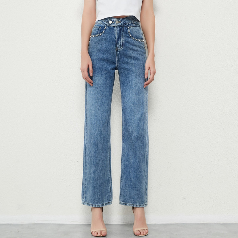 ZHISILAO Nove ravne traperice visokog struka Ženske vintage plave traper hlače s perlama širokih nogavica 2021. Hlače pune dužine