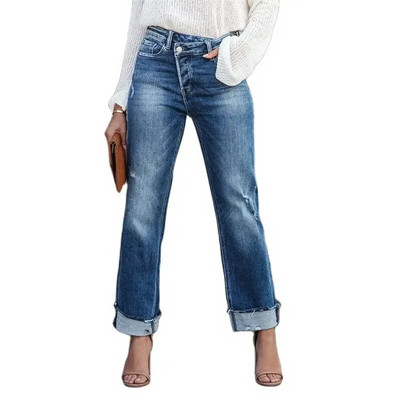 Femei cu talie înaltă, cu cataramă înclinată, blugi drepți, găuri sparte, pantaloni casual din denim, pantaloni lavabili pentru birou, pentru navetă