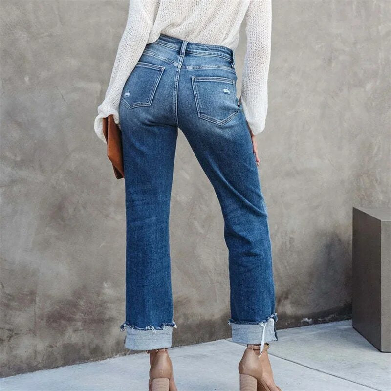 Női, magas derekú ferde csat toldás egyenes farmer Törött lyukak Alkalmi farmer nadrágok új női irodai ingázó mosható nadrágok