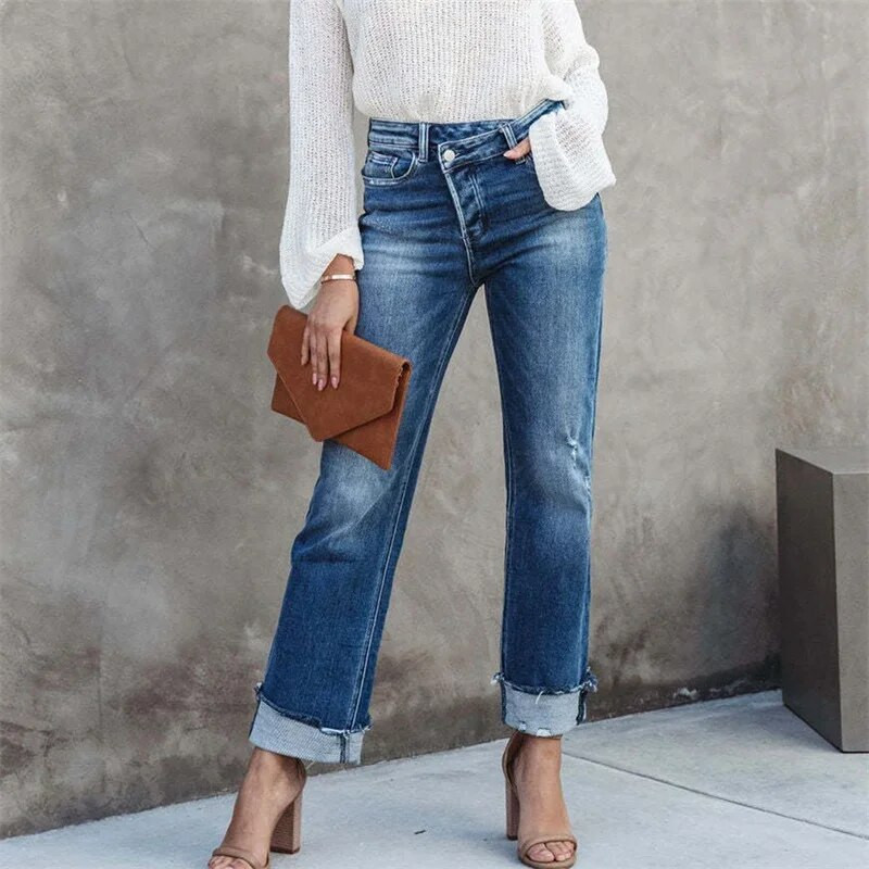 Női, magas derekú ferde csat toldás egyenes farmer Törött lyukak Alkalmi farmer nadrágok új női irodai ingázó mosható nadrágok