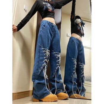 Y2K Jeans Дамска мода Ins Hip-Hop High Street Ежедневни скъсани широки дънки Креативни панталони с презрамки Дамски модерни панталони