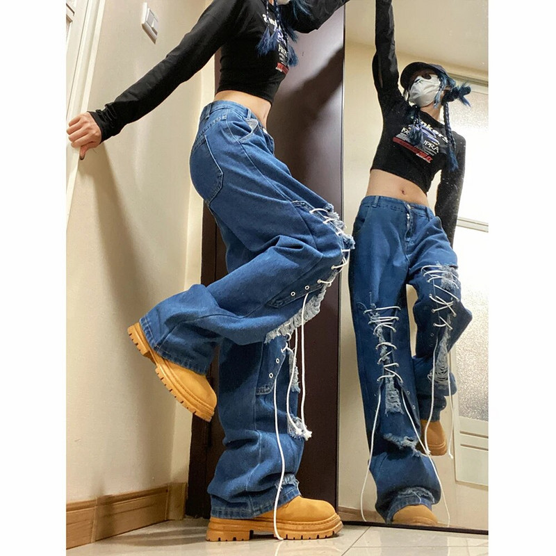 Blugi Y2K Moda pentru femei Hip-hop High Street Casual Blugi largi rupti Pantaloni creativi cu bretele Pantaloni la modă pentru femei