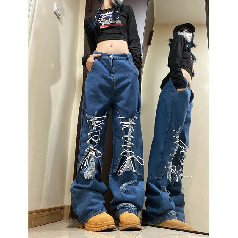 Blugi Y2K Moda pentru femei Hip-hop High Street Casual Blugi largi rupti Pantaloni creativi cu bretele Pantaloni la modă pentru femei
